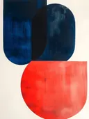 Abstract schilderij met blauwe en rode vormen op crème achtergrond