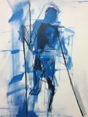 Abstract geschilderde blauwe menselijke figuur met zwarte schetslijnen.