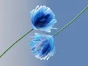 Twee gestileerde bloemen gemaakt van doorschijnend blauw materiaal tegen een blauwe achtergrond.