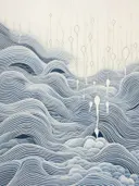 Abstracte blauwe golvende lijntekening met verticale druppelvormige elementen