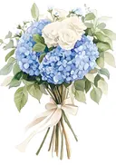Aquarel van een boeket blauwe hortensia's en rozen