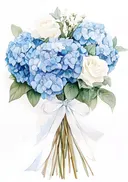 Schilderij van een boeket blauwe hortensia's en witte rozen