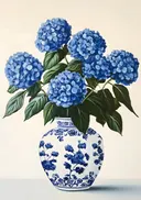 Schilderij van hortensia in een porseleinen vaas