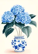Stilleven van blauwe hortensia's in een vaas