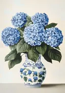 Schilderij van blauwe hortensia's in een porseleinen vaas