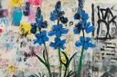 Blauwe hyacinten met graffiti tekst, botanisch schilderij