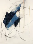 Abstract schilderij met een blauwe penseelvorm omgeven door dunne cirkellijnen.