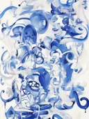 Abstracte blauwe kalligrafische verf-swirls op een witte achtergrond.