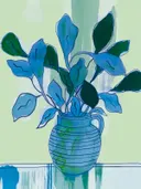 Illustratief schilderij van blauwe kamerplant in gestreepte kan