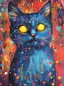 Blauwe kat met gloeiende gele ogen tegen een rood-oranje achtergrond met verfspatten