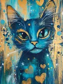 Blauwe kat met gouden hartjes en spatten op een blauwe achtergrond
