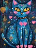 Blauwe kat versierd met roze hartjes op een donkerblauwe achtergrond met gouden accenten
