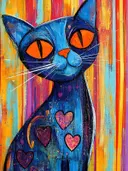 Blauwe kat met oranje ogen en roze hartjes op een gestreepte kleurrijke achtergrond