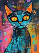 Schilderij van een blauwe kat met grote oranje driehoekige oren en oranje ogen tegen een kleurrijke abstracte achtergrond