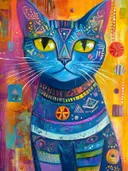 Blauwe kat met gele ogen en tribale patronen op een oranje-paarse achtergrond