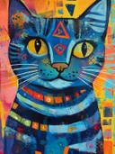 Schilderij van een blauwe kat met tribale driehoeksymbolen op het voorhoofd en gele ogen tegen een kleurrijke collage-achtergrond