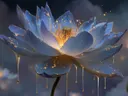 Schilderij van een blauwe lotusbloem met druipende gouden druppels.