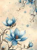 Blauwe magnolia bloemen aan takken met sterren en glinsteringen op een beige achtergrond.