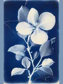 Cyanotype illustratie van een magnoliatak in wit op blauw