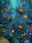 Schilderij van blauwe margrieten met oranje hart in een betoverd bos