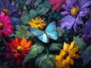 Schilderij van een blauwe morphovlinder tussen roze en paarse bloemen