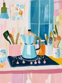 Schilderij van een blauwe percolator op het fornuis tussen keukengerei.