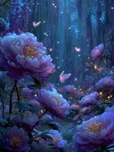 Schilderij van blauwe pioenrozen met lichtgevende vlinders in een schemerig woud