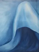 Abstract schilderij van een golvende blauwe doekvorm met lichtinval.
