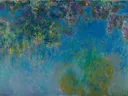 Blauwe regen van Claude Monet: bloemen met blauweregen, bloesem, bladeren en hangende trossen, in blauw met groen
