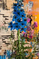 Schilderij van blauwe bloementros met zwarte kernen op okergele collage-achtergrond