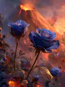 Schilderij van blauwe rozen naast een gloeiende lavastroom