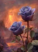 Schilderij van blauwe rozen met een vulkaan op de achtergrond