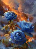Schilderij van blauwe rozen met vlinders en een vulkaan