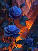 Schilderij van blauwe rozen in een woud met gloeiende lava