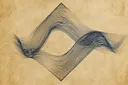 Blauwe golvende lijntekening in ruitvorm op beige achtergrond