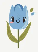Illustratie van een blauwe tulp met een lachend gezicht, kinderkamer schilderij