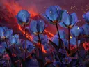 Schilderij van blauwe tulpen naast een lavastroom bij een vulkaan