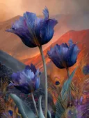 Schilderij van blauwe tulpen met pauwenveren in vurig licht