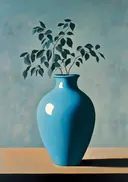 Schilderij van een blauwe vaas met bladtak