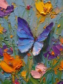 Schilderij van een blauwe vlinder tussen wilde bloemen