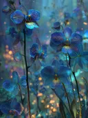 Schilderij van blauwe vlinderorchideeën in een bos met gouden lichtvlekken