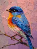 Close-up van blauwe vogel op tak, olieverfschilderij