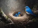 Schilderij van drie blauwe vogeltjes in een nest tussen takken