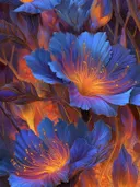 Schilderij van blauwe bloemen die van binnenuit oranje oplichten