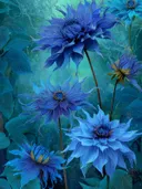 Schilderij van blauwe dahlia's met puntige bloemblaadjes in een glinsterend woud