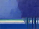 Blauwe waterhorizon met paalrij, landschap schilderij