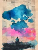 Schilderij van blauwe wolken boven een stadssilhouet met koepel op krantenpapier achtergrond