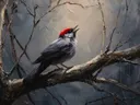 Schilderij van een blauwe zangvogel tussen oranje herfstbladeren