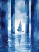 Monochroom blauw aquarel van een zeilboot tussen donkere verticale vormen