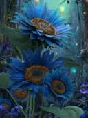 Schilderij van blauwe zonnebloemen met een lichtorb in een donker woud